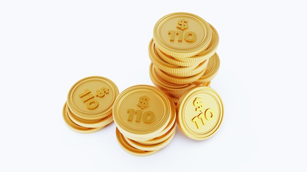 3D render of golden stack coins isolated on a white background one hundred ten dollar coins