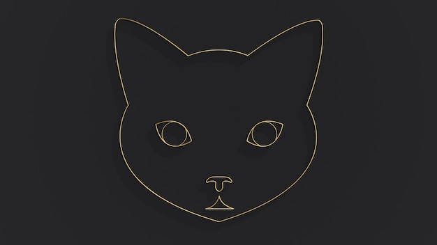 검은 배경에 고양이 머리의 3d 렌더링 황금 상징