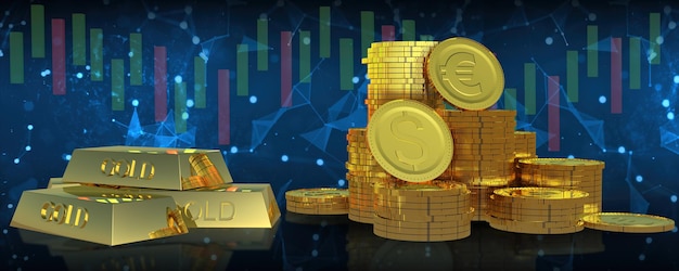 3D render goud vergelijk munten en geldHet is de sleutel tot zaken doen en investeren