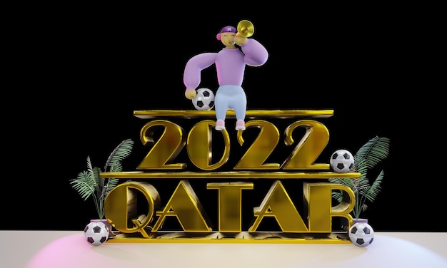 3D render Gouden inscriptie Qatar 2022 Een voetbalfan zit op de letters en blaast een vuvuzela-voetbal in de buurt