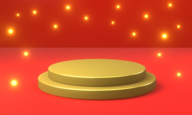 3D render. gouden podium op rode achtergrond en stralende ster voor showproduct