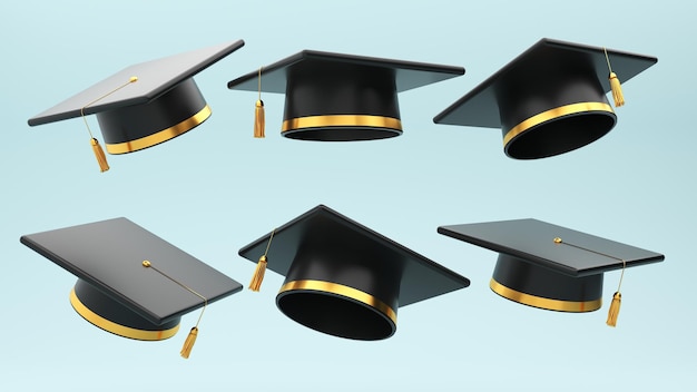 3d render graduation background with copy space and a set of graduation cap cup diploma book pencil