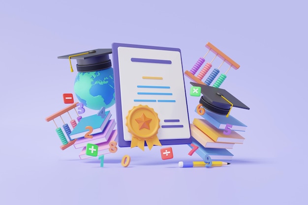 3D render graduation certificate diploma concept with graduation cap and book floating on pastel background quality courses exam education information warranty knowledge document assurance guarantee