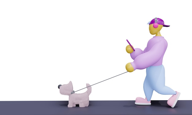 3d render Grappig en schattig karakter dat de hond uitlaat en naar de telefoon kijkt