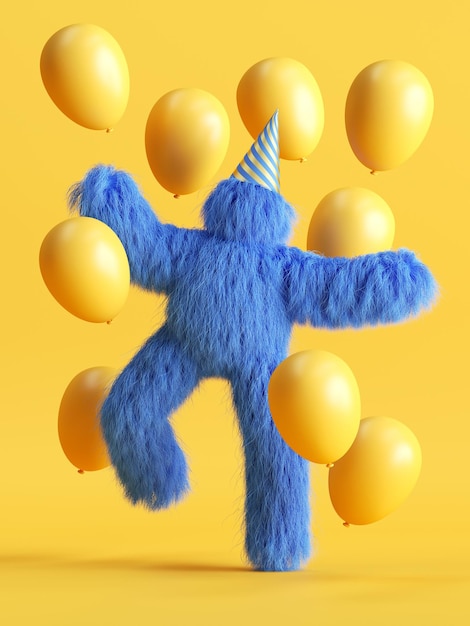 3D render grappig harig blauw monster dansen met ballonnen