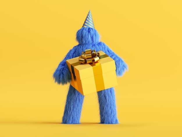 3D render grappig harig blauw monster houdt geschenk doos