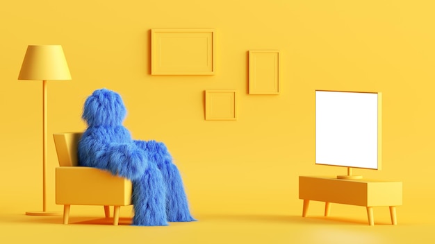 3D render grappig harig blauw monster zit in een fauteuil in de gele woonkamer tv kijken