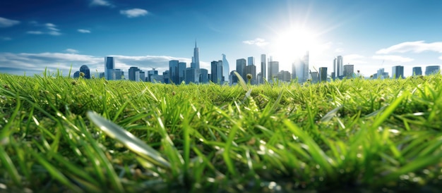 Photo 3d render grass field with city background and bright blue sky