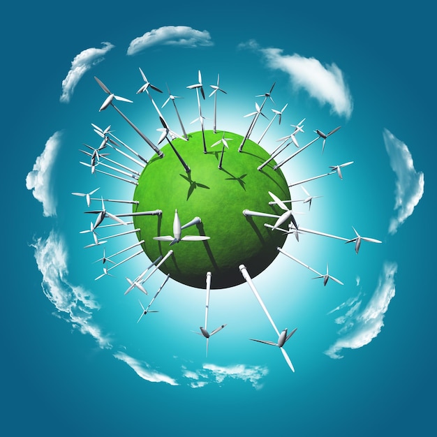 3D render of a grassy globe with wind turbines and clouds