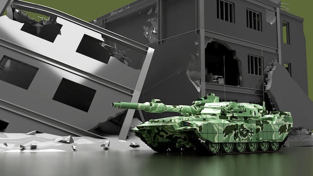 3d render green panzer and destroy bilding war background