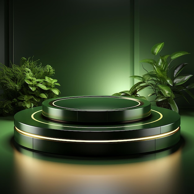 3d Render green podium with decorative plants