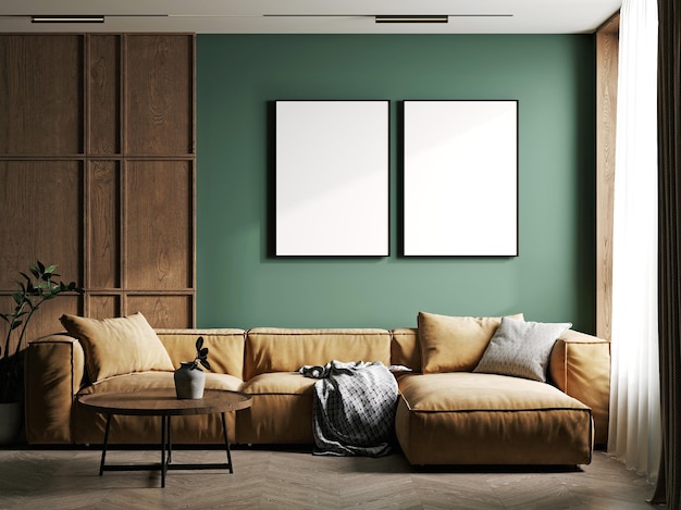泡立つ茶色のソファのある緑の部屋の3Dレンダリングホームインテリア3Dレンダリング