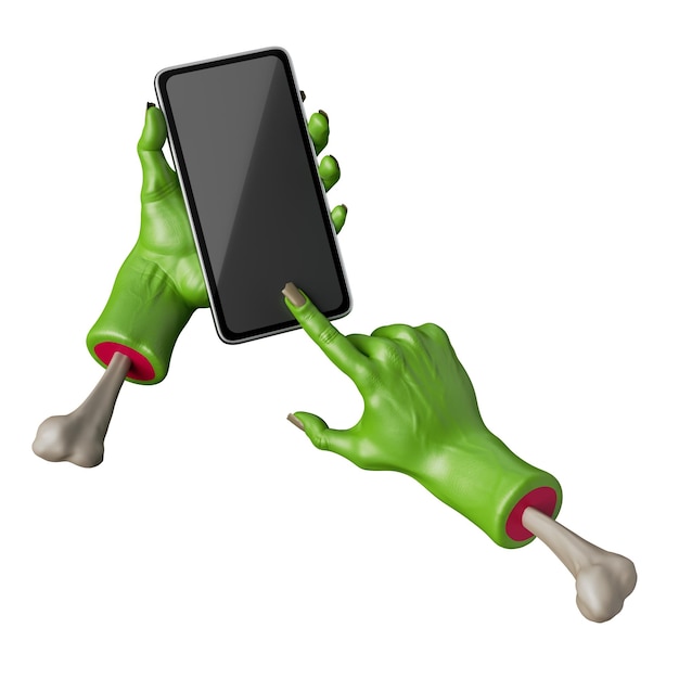 3d render green zombie hands hold smart phone