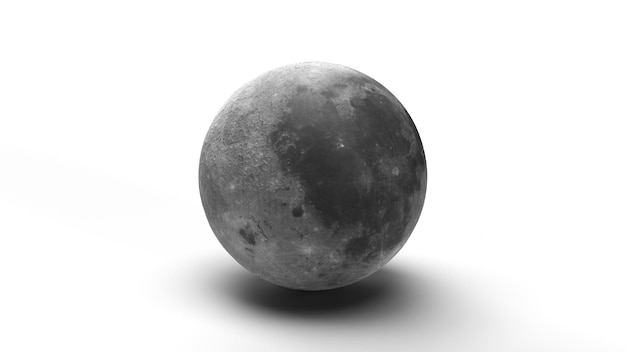 3D render grijze maan op een witte achtergrond met schaduw, ruimte achtergrond, satelliet aarde