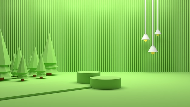 3D render groen pastel podium Rond podium en lamp