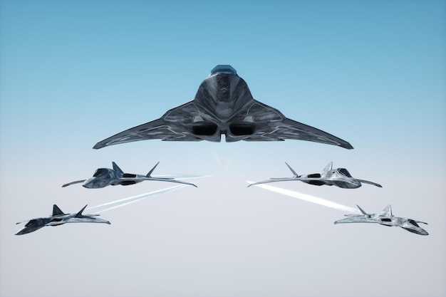 3D render Group of modern Combat aircraft 5th or 6th generation fighter in the sky Combat aviation Air Force new technologies photorealistic graphics mixed media 3D illustration