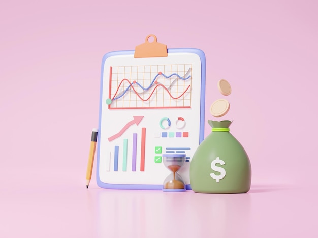 3d render growth chart clipboard paper graph business financial\
economics analytics hourglass time for cost reduction saving\
education concept check list coins bag money on pink\
background