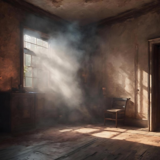 Photo 3d render of a grunge interior with smoke and spotlight