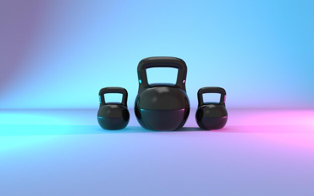 3d render gym kettlebell  equipment on neon background