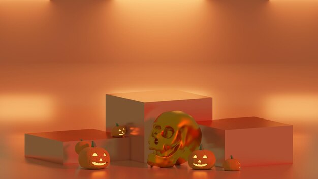 Rendering 3d del podio di halloween jack o lantern