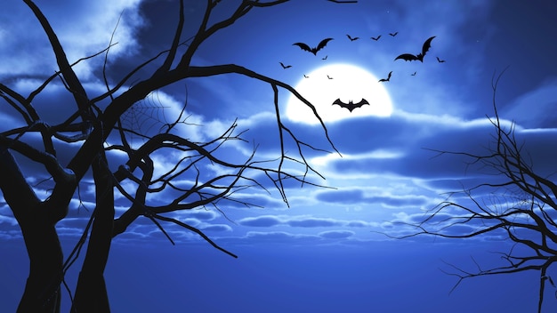 Foto rendering 3d di un paesaggio di halloween con pipistrelli e sagome di alberi