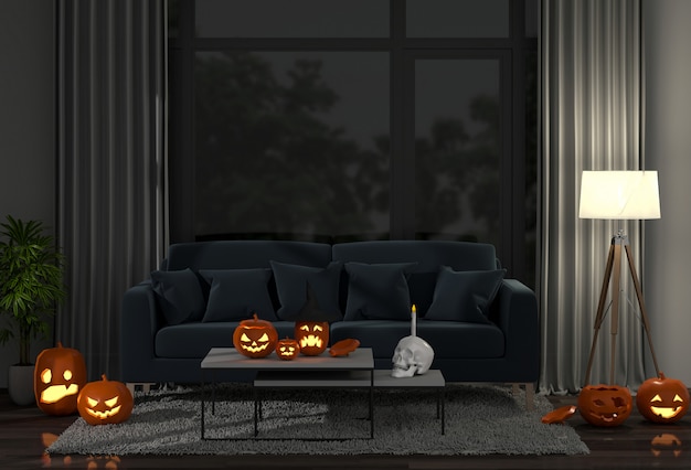 3D render of Halloween in living room and pumpkins