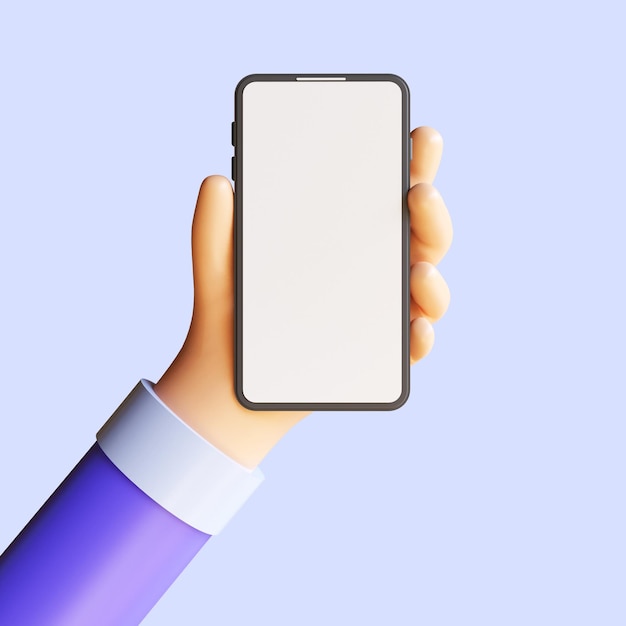 3d render hand holding smartphone, hand using mobil phone mockup, empty screen front view