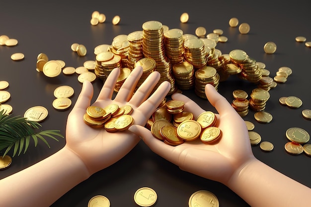 3d render hand with golden coins lying on palm