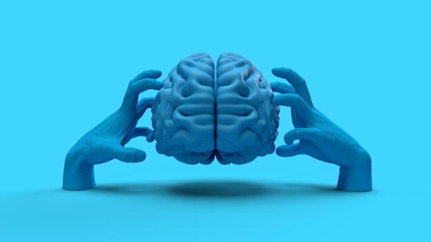 3D рендеринг руки держат мозг весь синий цвет концепция головная боль искусственный интеллект умные решения