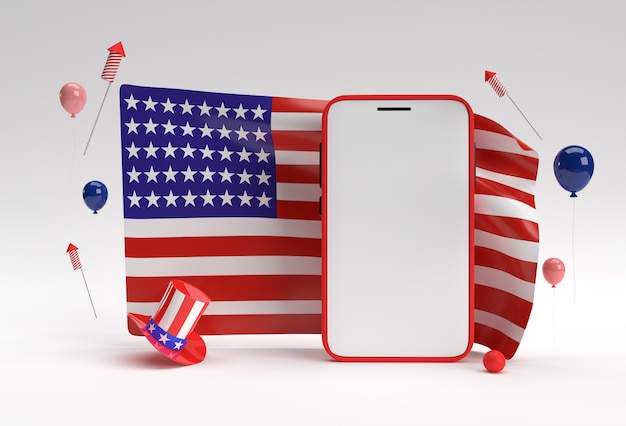 3d render happy 4 luglio usa independence day e smartphone mockup bandiera americana.