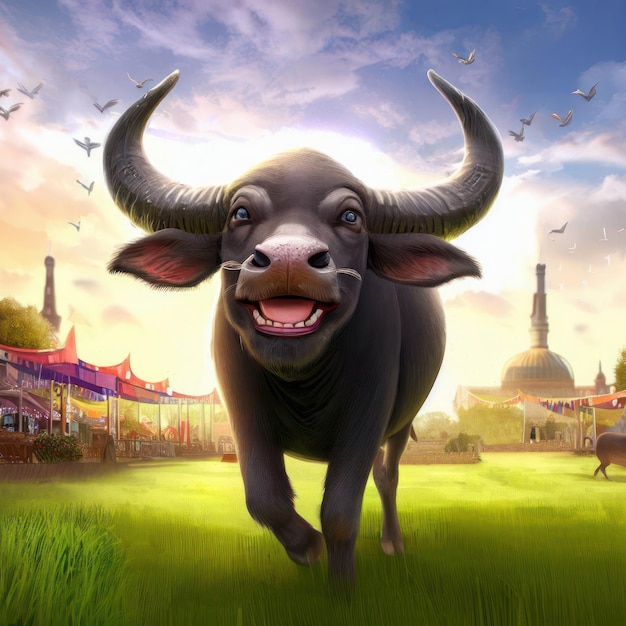 Photo 3d render of a happy buffalo in a farm