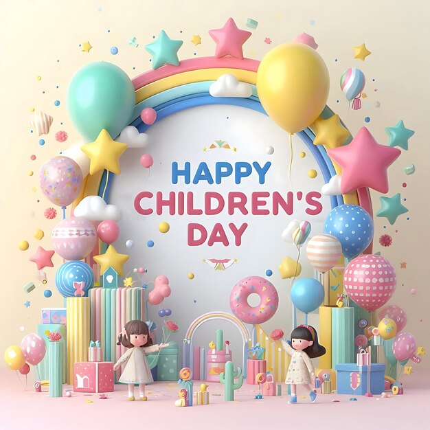 Foto 3d render happy children's day post sociale con bambini colorati palloncini e stelle