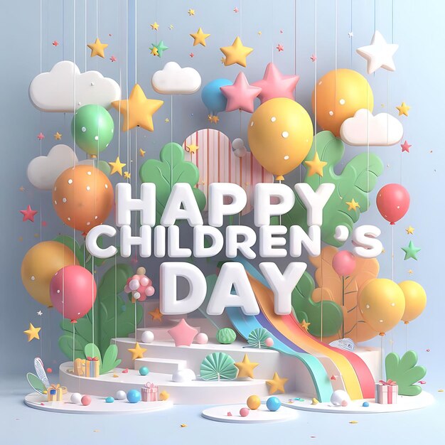 Foto 3d render happy children's day post sociale con bambini colorati palloncini e stelle