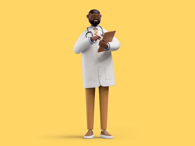 Photo 3d render happy doctor toy cartoon character holds clipboard and looks at camera