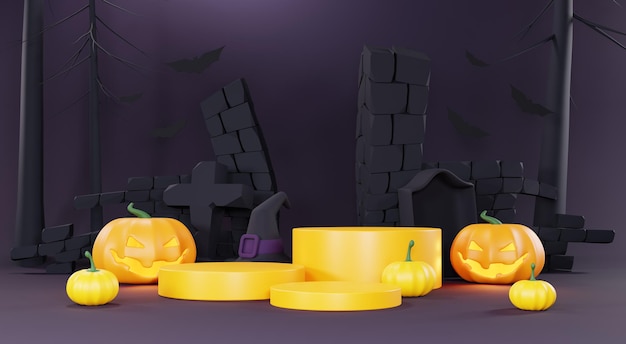 3D render Happy Halloween Day achtergrond met Podium stand product en nachtscène en schattig griezelig ontwerp Halloween pompoenen schedel spook en spin decoraties op donkere paarse achtergrond