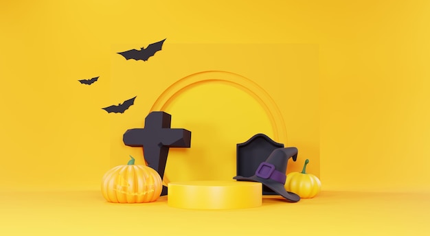 3D render Happy Halloween Day achtergrond met Podium stand product en nachtscène en schattig griezelig ontwerp Halloween pompoenen schedel spook en spin decoraties op donkeroranje achtergrond