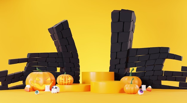 3D render Happy Halloween Day achtergrond met Podium stand product en nachtscène en schattig spookachtig ontwerp Halloween pompoenen schedel spook en spin decoraties op donker oranje achtergrond
