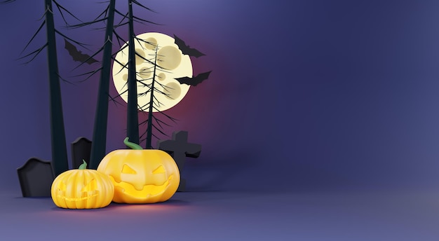 3d render happy halloween day sfondo con scena notturna e simpatico design spettrale zucche di halloween teschio fantasma e ragno decorazioni su sfondo viola scuro dolcetto o scherzetto festa celebrare