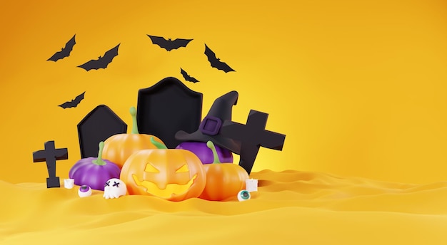 3d render happy halloween day background with night scene and cute spooky design halloween pumpkins skull ghost and spider decorations on dark purple background trick or treat party celebrate