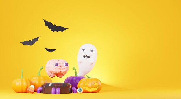 3d Render Happy Halloween Day background с подиумом, стендом, ночной сценой и милым жутким дизайном Хэллоуин тыквы, череп, призрак и украшения паука на темно-оранжевом фоне