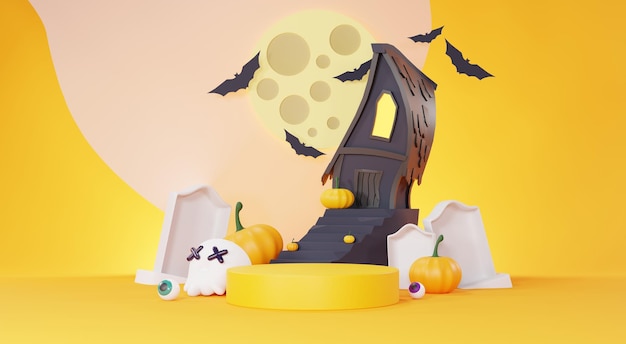 Photo 3d render happy halloween day background with podium stand product and night scene and cute spooky design halloween pumpkins skull ghost and spider decorations on dark purple background