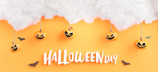 3D визуализация счастливого дня хэллоуина с облаком, тыквой, летучей мышью на оранжевом фоне.