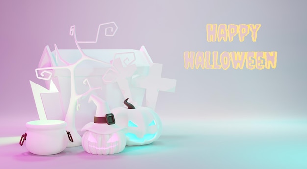 3d render happy halloween day witte moderne scène achtergrond met neonlicht en schattig spookachtig ontwerp halloween witte pompoenen schedel spook en spin decoraties trick or treat feest vieren