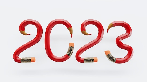 3D render of happy new year 2013 isolated on white backgroundxAnew year 2023 shaped with red pencil