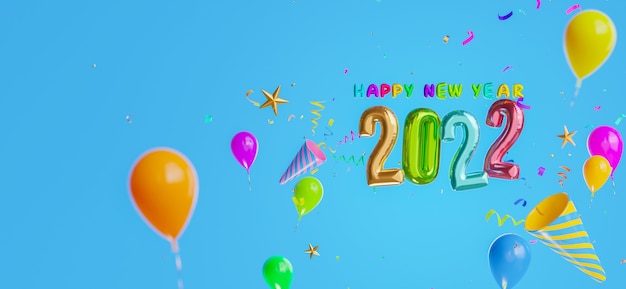 新年快樂 2022年風船裝飾與紙拍攝的 3D 渲染
