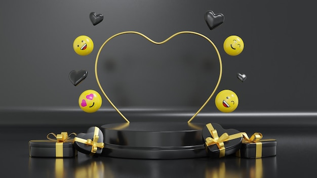 3D render happy Valentijnsdag podium achtergrond met emoticon en geschenkdoos