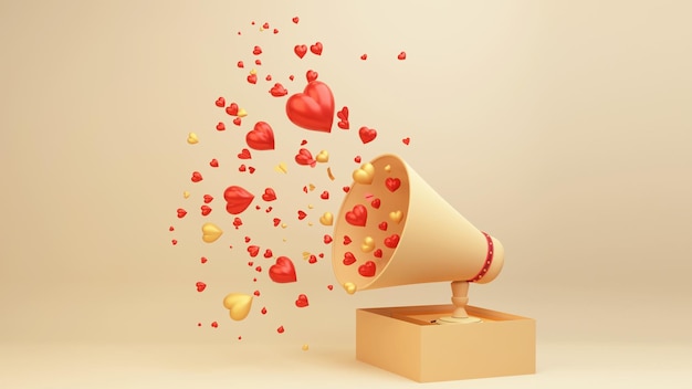 3D Render Hartvormen Met Grammofoon Op Glanzende Pastel Gouden Achtergrond Liefde Of Valentijnsdag Concept