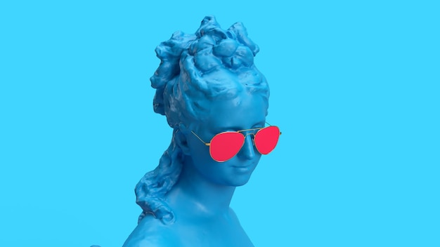 3d render the head of a woman in glasses on a pastel background a minimalistic art background blue