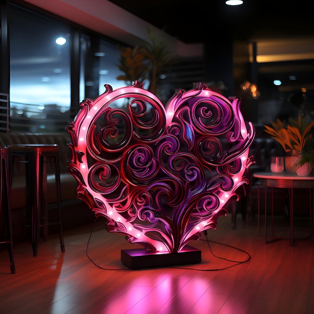Foto rendering 3d di una lampada a forma di cuore in un nightclub