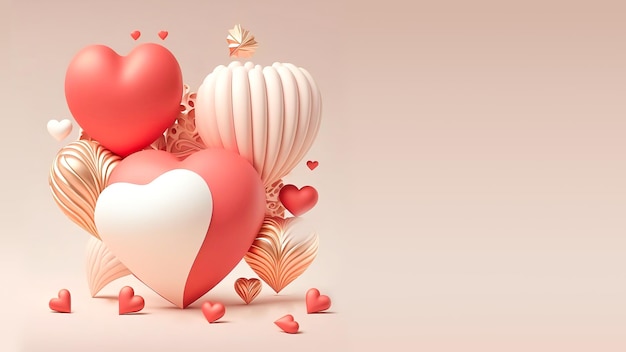 Rendering 3d di forme di cuore in romantico colore rosso e dorato